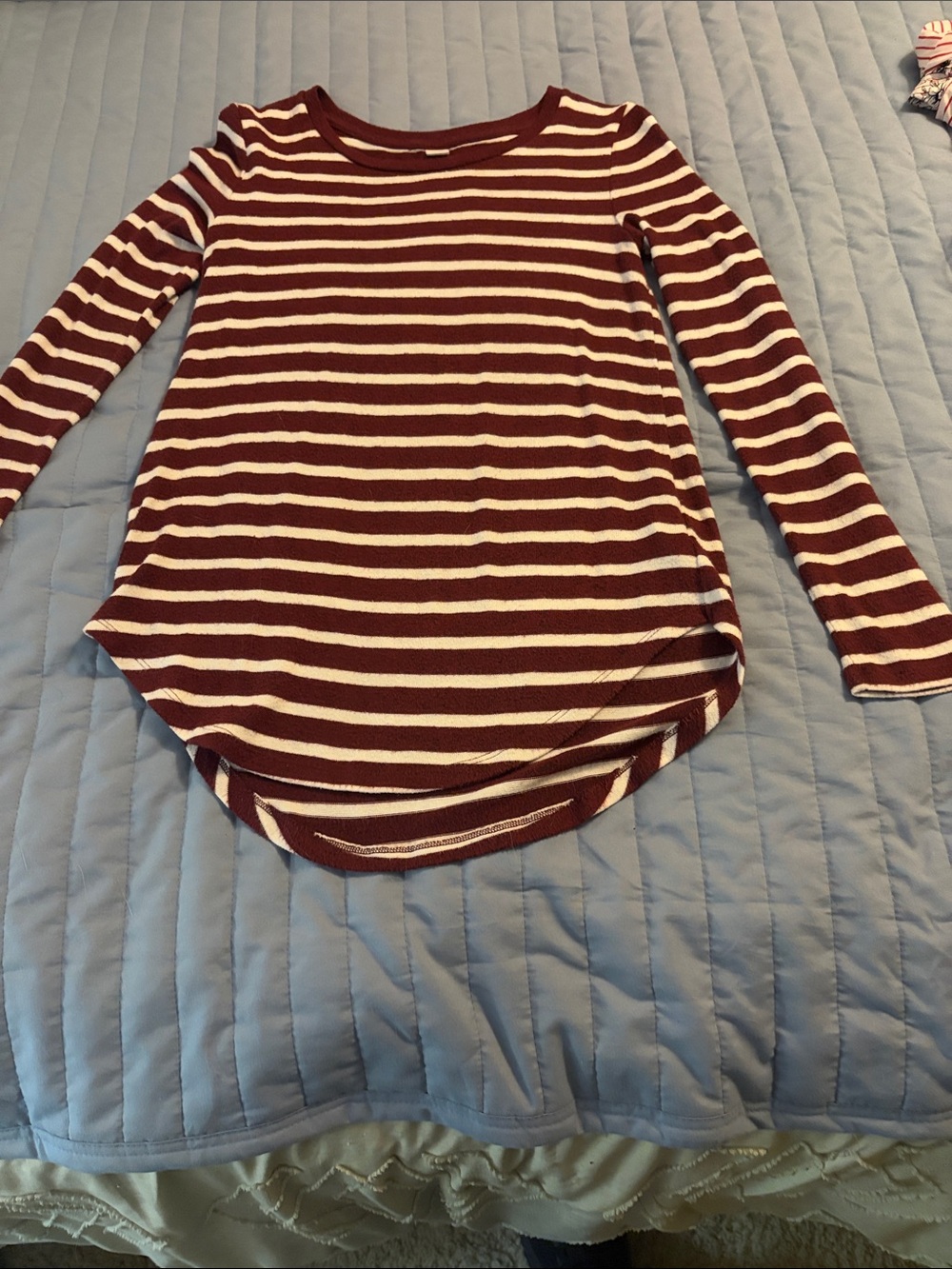 Old Navy Burgundy and Cream Striped Scoop-Hem Long Sleeve Tee
